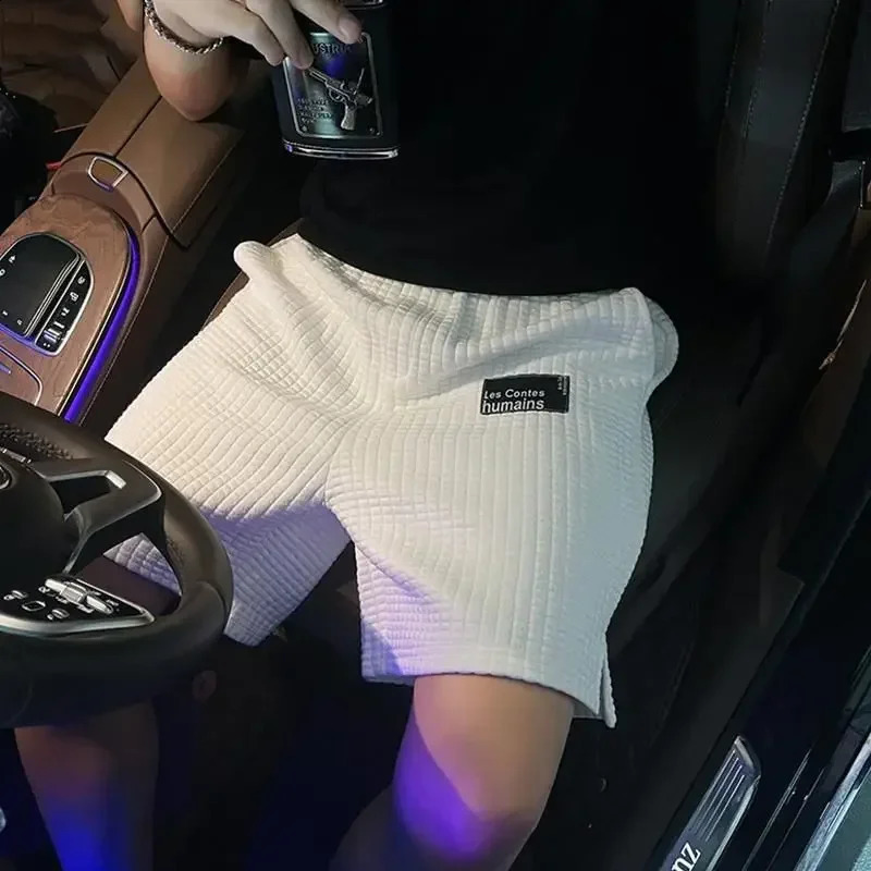 Mens shorts waffle white loose mens shorts with wide pockets Y2k pants 2024 personalized 3rd quarter elastic essential Xxl240810