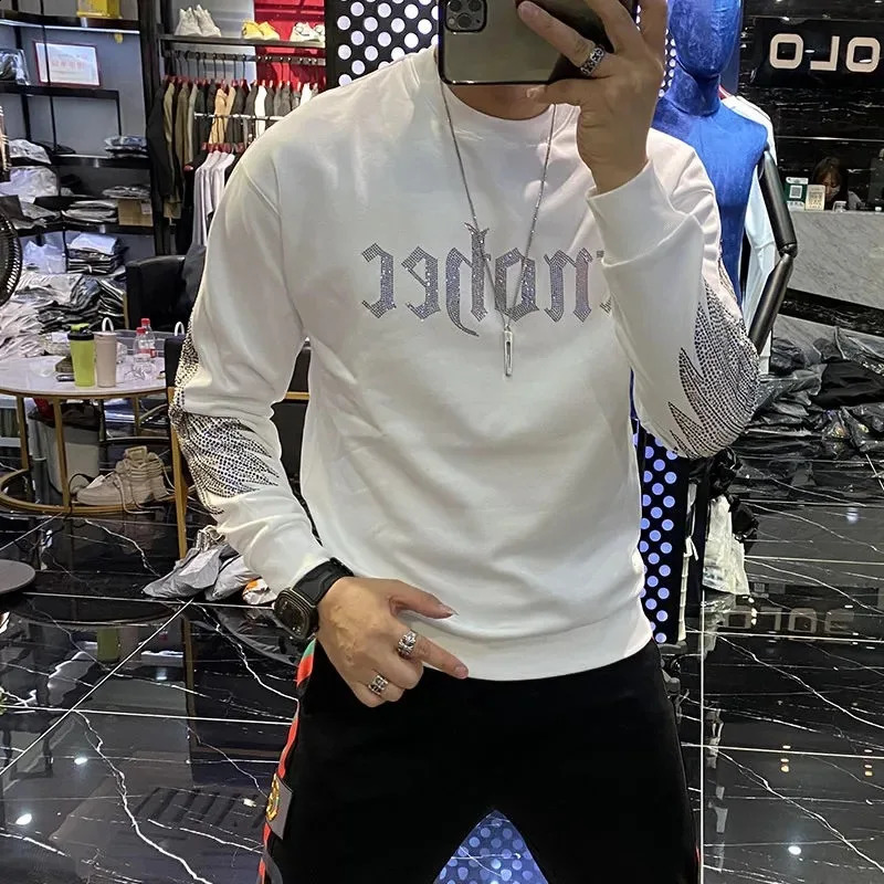 Rhinestone Style Winter Trend Men Hoodie High Quality Pure Cotton Hoody Casual Fashion Pullover -Selling Tops 240810