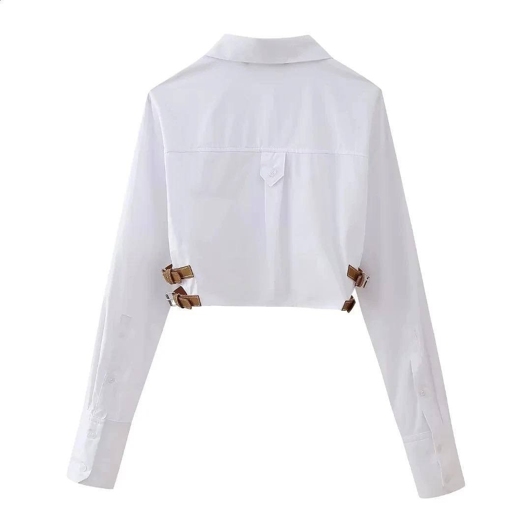 Traf belt cut shirt womens button white fashionable collar long sleeved top 240810
