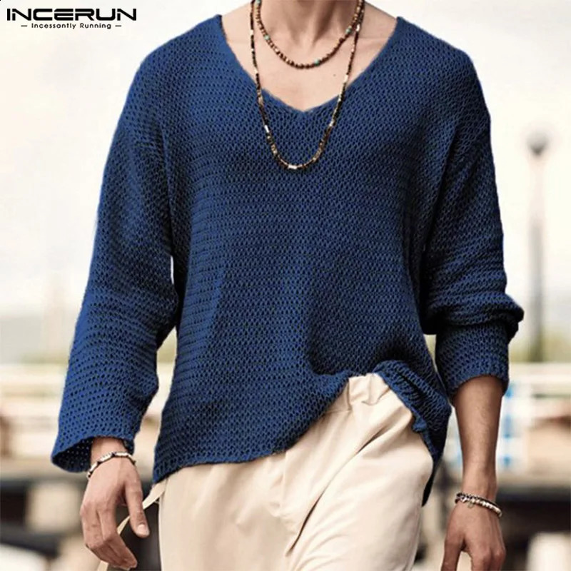 INCERUN Mens Tshirt Solid color Knitted Vneck Long sleeved Casual Street Clothing Hollow Loose Camisetas S5XL 240816
