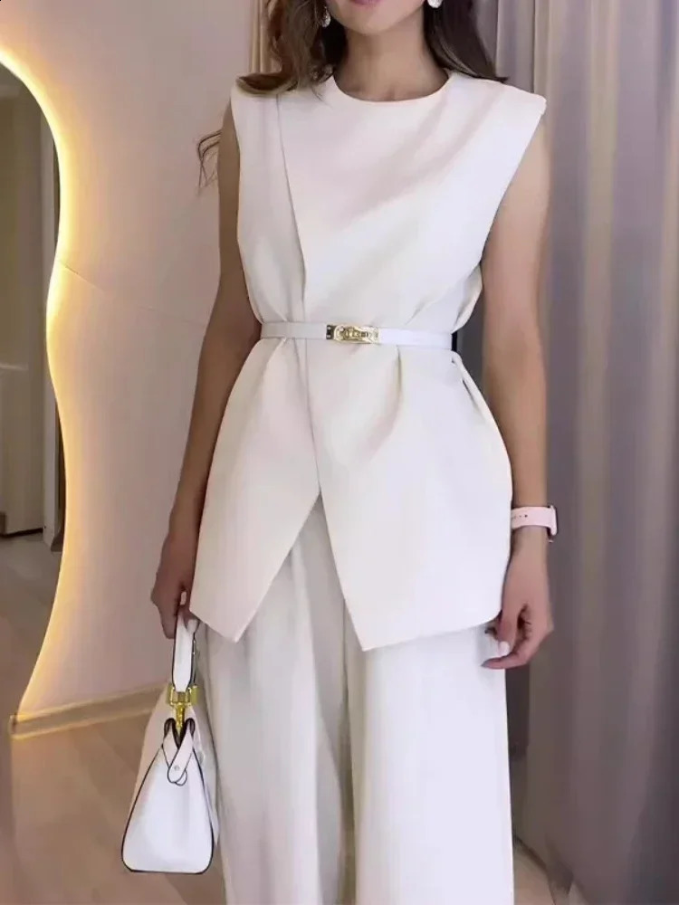 Fashionable womens solid round neck twopiece sleeveless high waist wide leg pants ultrathin elegant set 240810