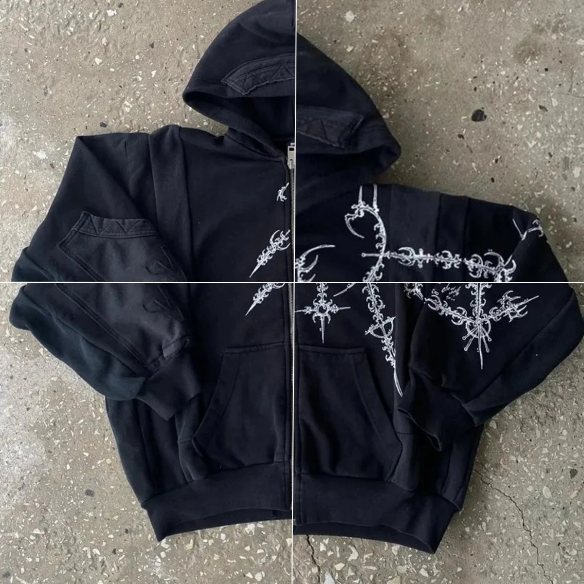 Vintage Zipper Hoodie Y2K Harajuku Gothic Pattern Patch Work Sweater Mens Hip Hop Super Harajuku Casual Street Wear 240810