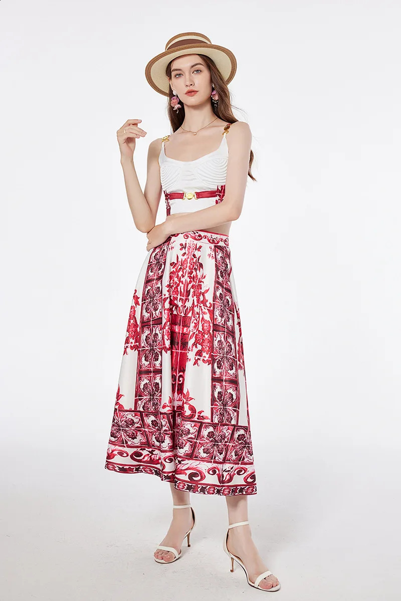 Womens retro printed short sleeved top and long skirt two-piece set240810