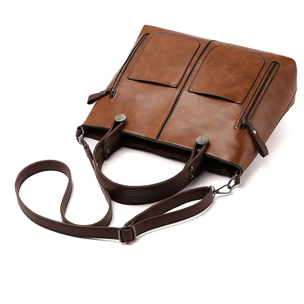 Ladies Vintage Leather Shoulder Bag Large Purses Work Bags with MultiPocket Tote Crossbody Handbags for Women 240810Z