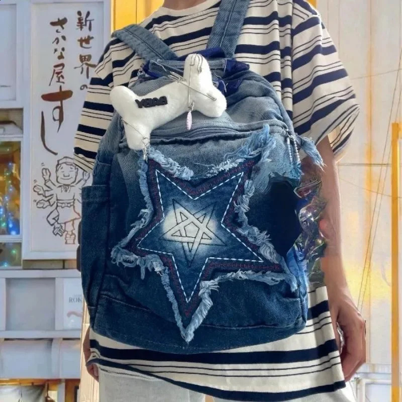 Fashion Five Star Canvas Backpacks Women Trendy Y2K School Bag Men Gradient Denim Blue Rucksack Bolsa Mujer 240806