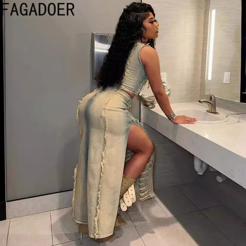 FAGADOER Fashion Streetwear Womens Denim Hollow Sleeveless Crop Top and Side Seam Skiing Two Piece Set Sexy 240810