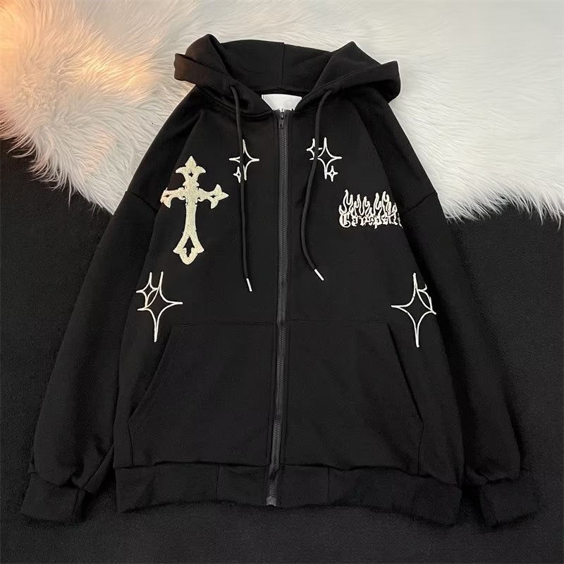 Loose casual hooded zipper hoodie men's embroidered cross fiery jacket for spring and autumn couples versatile trendy top