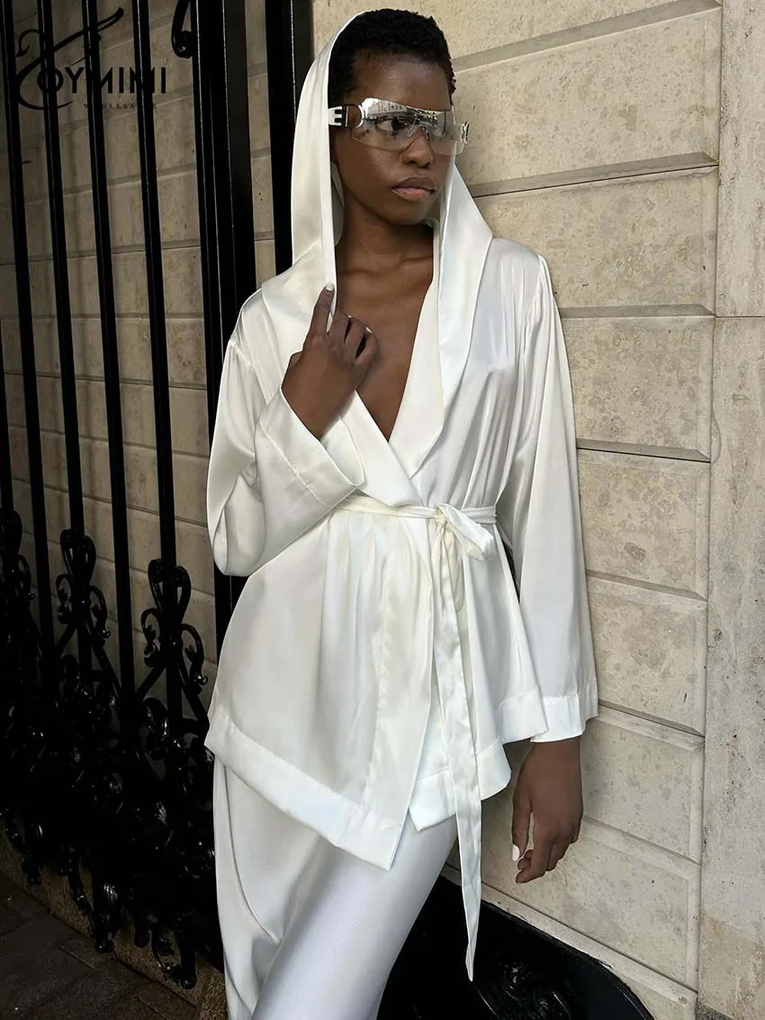 Oymimi Fashion White Satin 2piece Womens Elegant Hooded Collar Long Sleeve Lace TopUltra Thin Straight Skirt Set 240810