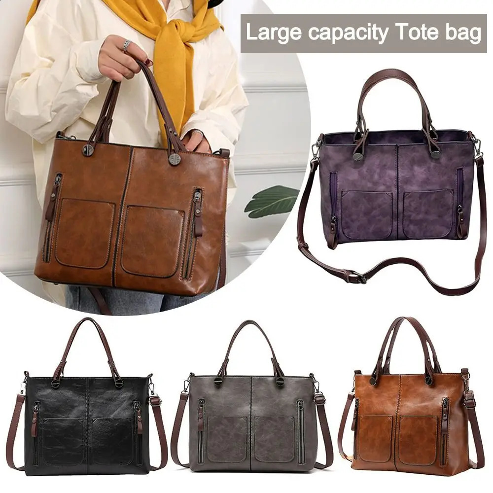 Ladies Vintage Leather Shoulder Bag Large Purses Work Bags with MultiPocket Tote Crossbody Handbags for Women 240810Z