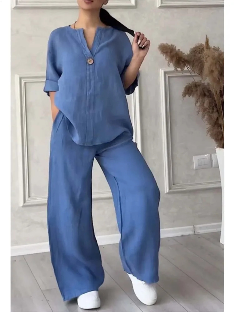 Spring Autumn Fashion Cotton And Linen Solid Two Piece Set Women Causal Loose Vneck Top Wide Leg Pants 2 Sets Woman y240815