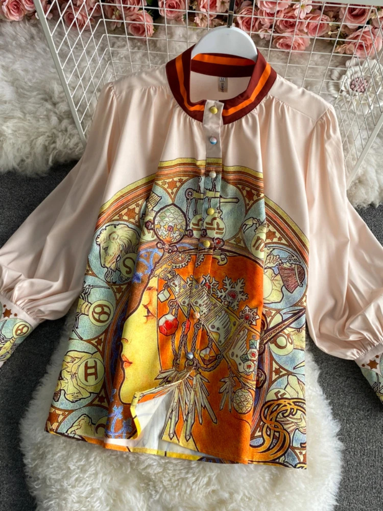 Womens printed two-piece retro chic spring floral shortslong sleeved elegant set for spring and summer240810