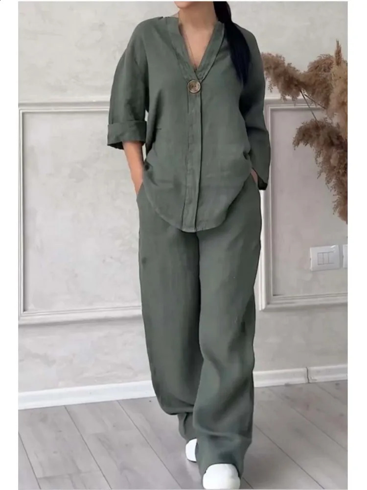 Spring Autumn Fashion Cotton And Linen Solid Two Piece Set Women Causal Loose Vneck Top Wide Leg Pants 2 Sets Woman y240815