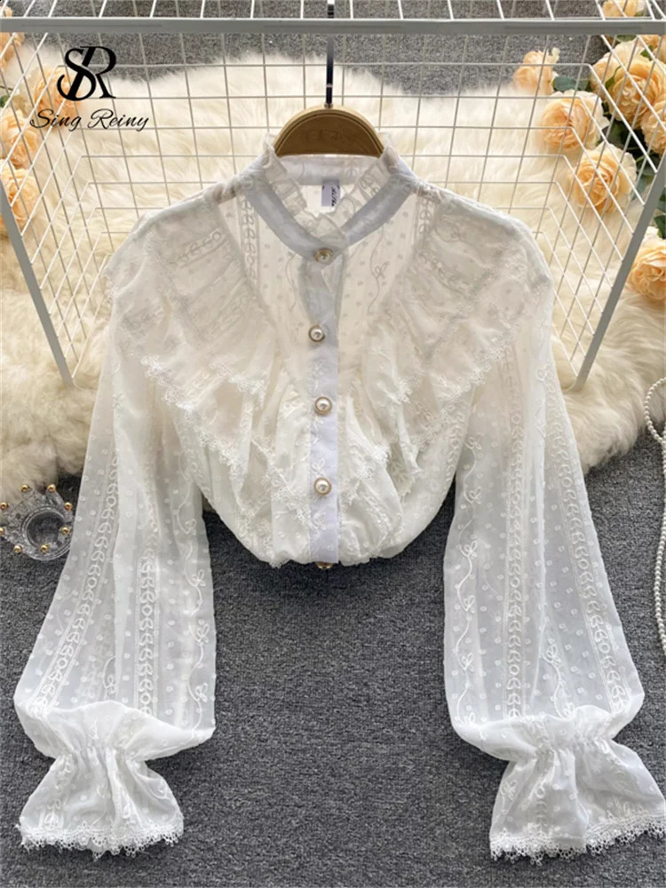 Singreiny elegant French shirt womens temperature sweet pleated loose casual top spring long sleeved streetwear white 250318