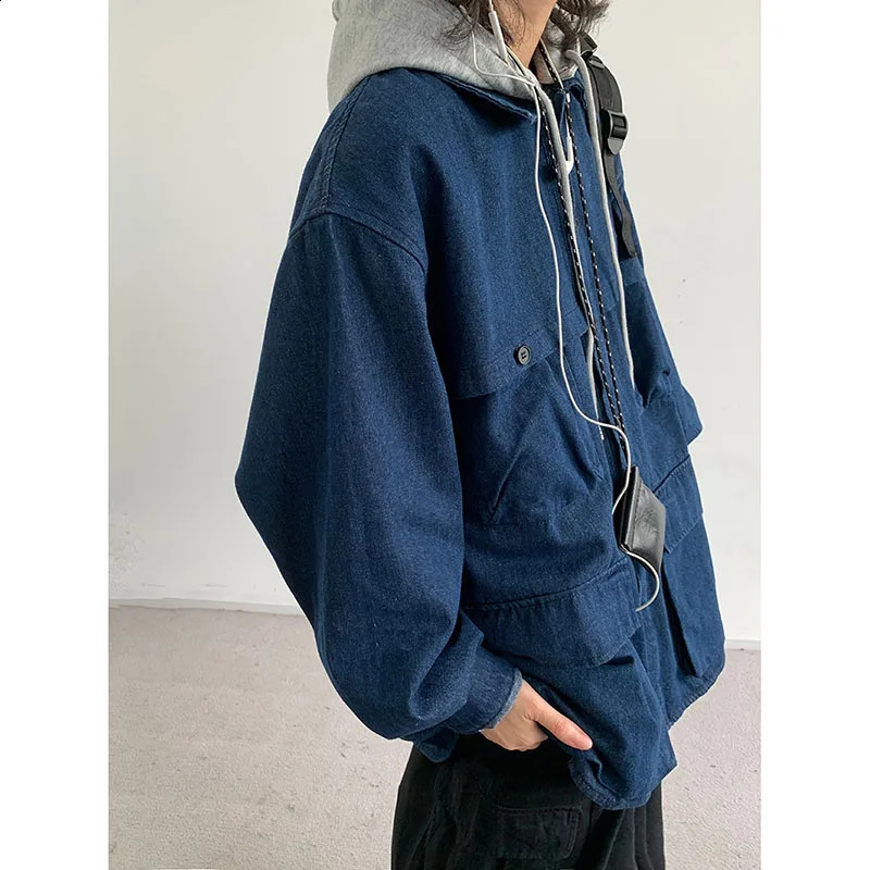Hooded Denim Jacket Men Women Vintage Detachable Cap Cargo Coat Japanese Oversize Loose Casual Top Spring Couple Unisex Overcoat 240810