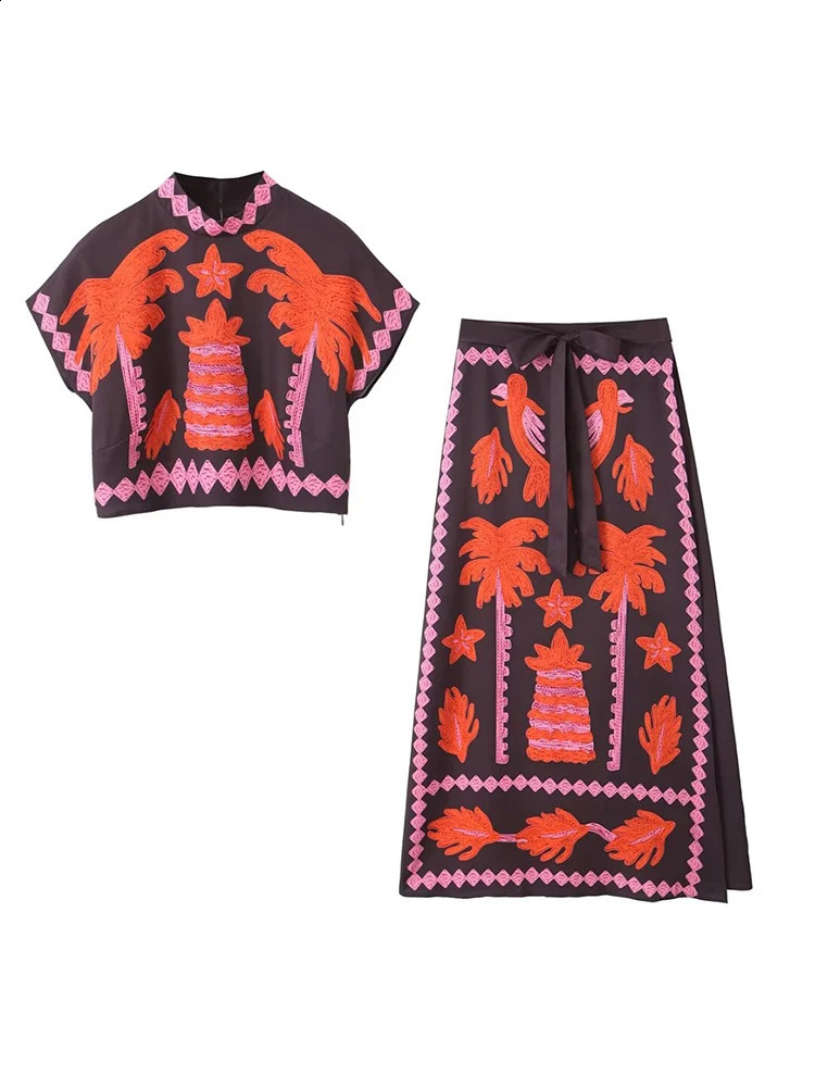 TRAF twopiece womens printed ski set elegant round neck sleeveless top waist fashionable street 240810