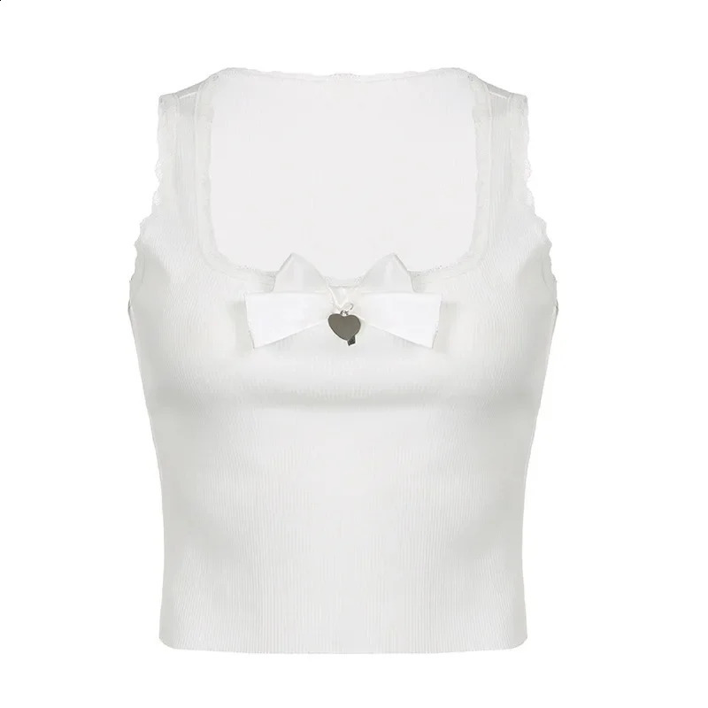 y2k Bow Lace Tank Tops O Neck Sleeveless Vintage Mini Vest Harajuku Grunge Basic Casual Camisole Korean Tee 240810