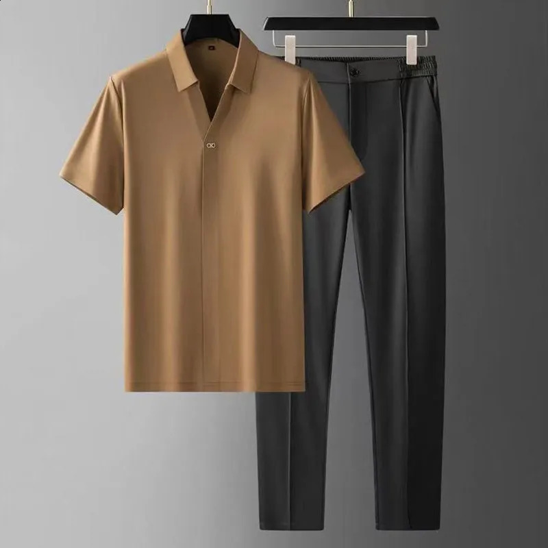 Summer Solid Color Silk Short Sleeve Shirt Set for Mens Casual Relaxing Comfortable Breathable Two Piece 240810