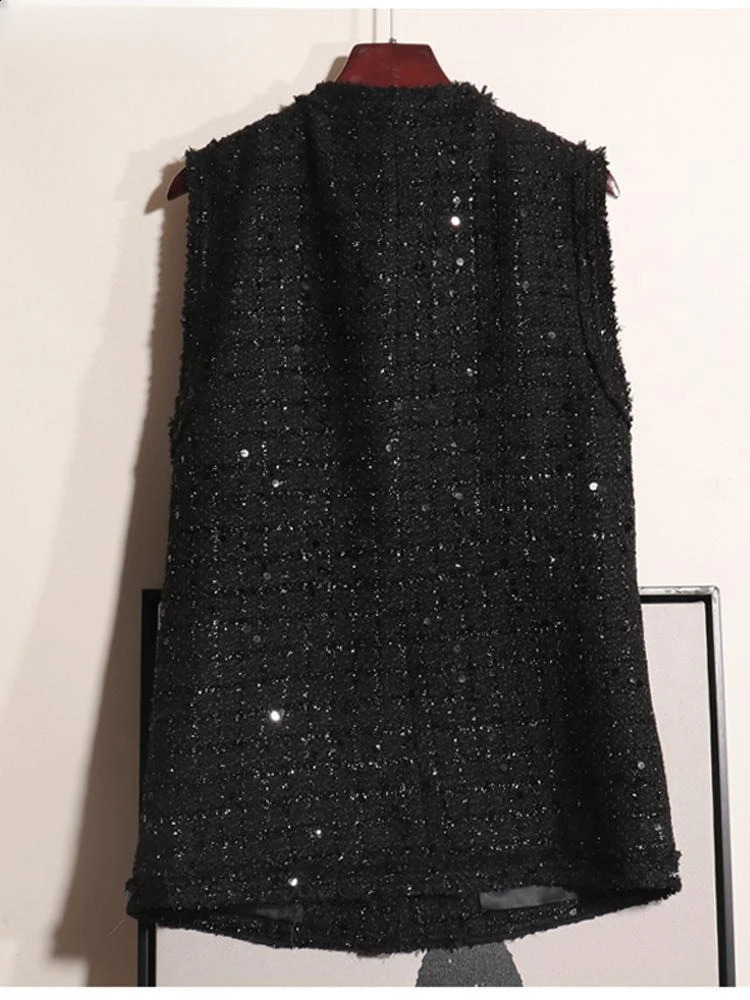 Womens Spring Autumn Loose Casual Waistcoat Female Sequined Tweed Vest Coats Ladies V-neck Sleeveless Jackets W748 240810