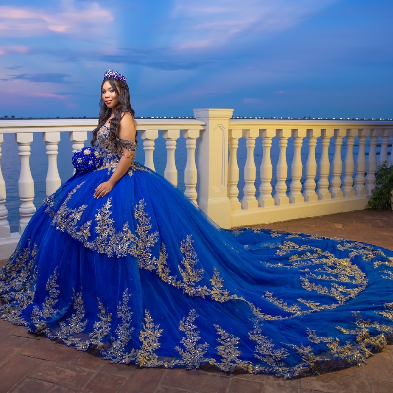 Blue Shiny Quinceanera Dress Ball Gown Off The Shoulder Applique Lace Beading Crystal Tull Sweet 16 Vestidos De 15 Anos