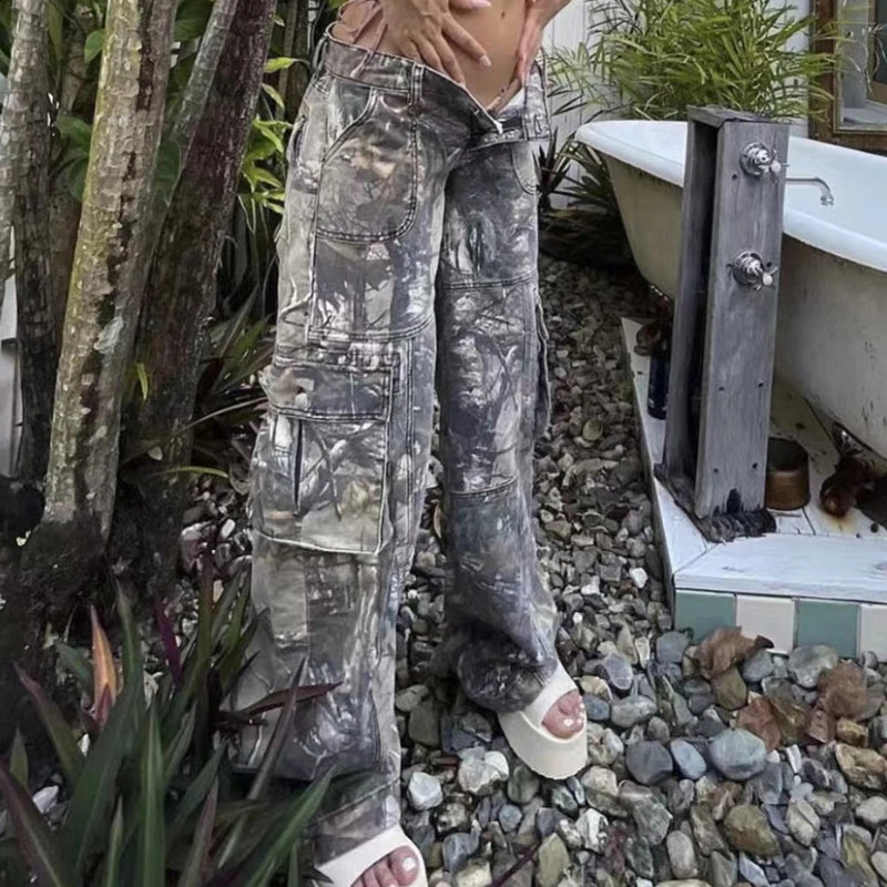 FOTVOTEE Product Pants Womens Casual Loose Unique Pattern Street Clothing Retro Jeans Fashion Wide Leg High Waist 240810wtt