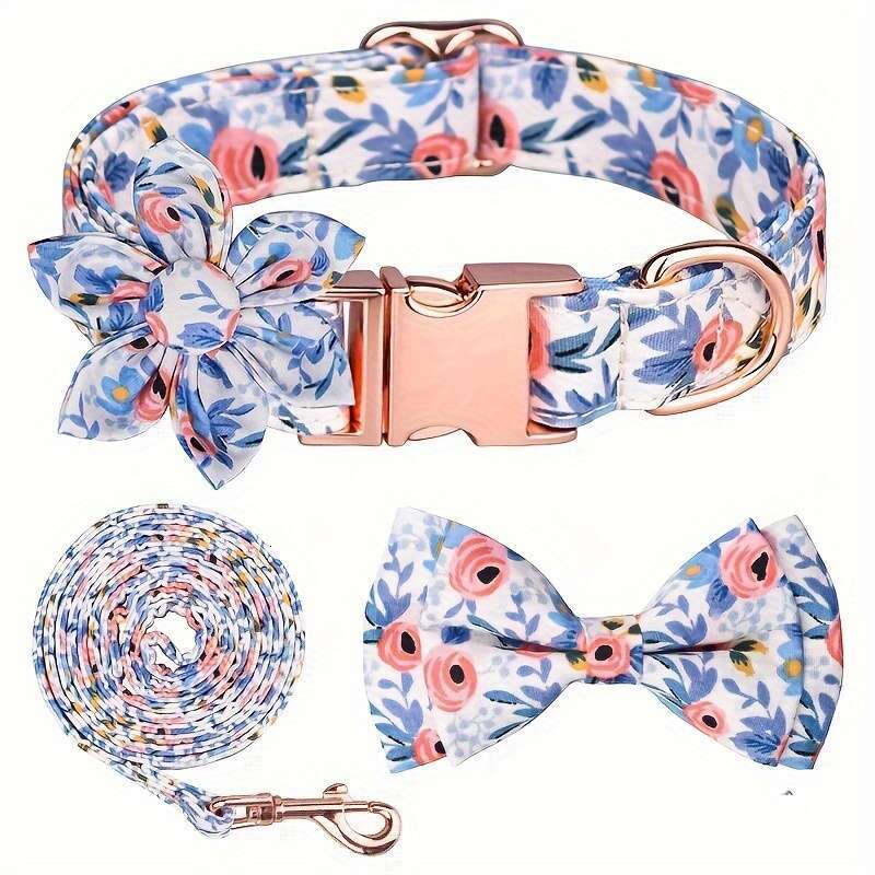 4pcs Leash Set With Bow Tie And wer Decor, ral Pattern Adjustable Collar Dog Traction Rope