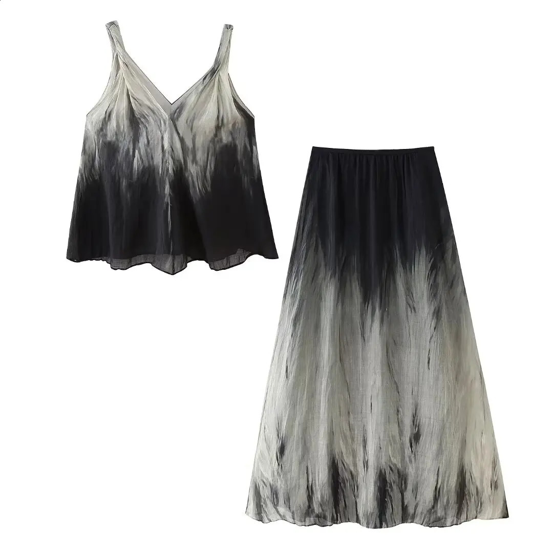 TRAFZA Summer Female Chic Suits Dew Shoulder Tie-dye Printed V-Neck Sling Vest TopSide Zipper Pleated Mid-length Skirt Mujer 240810