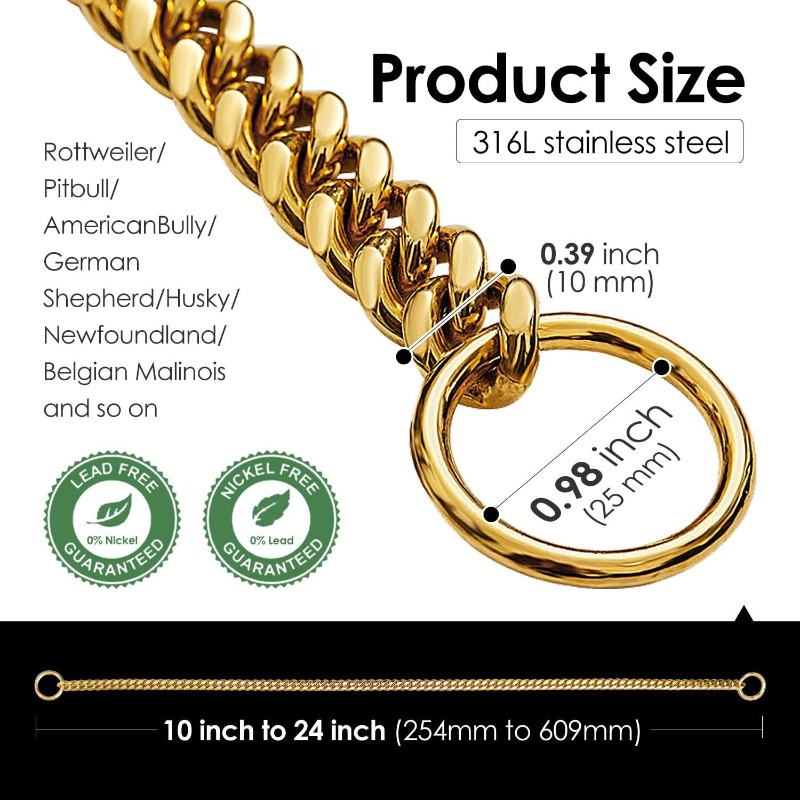 18K Gold Chain Dog Collar 10MM Cuban Link Chain Stainless Steel Metal Links Walking Training Collar 10in to 32in
