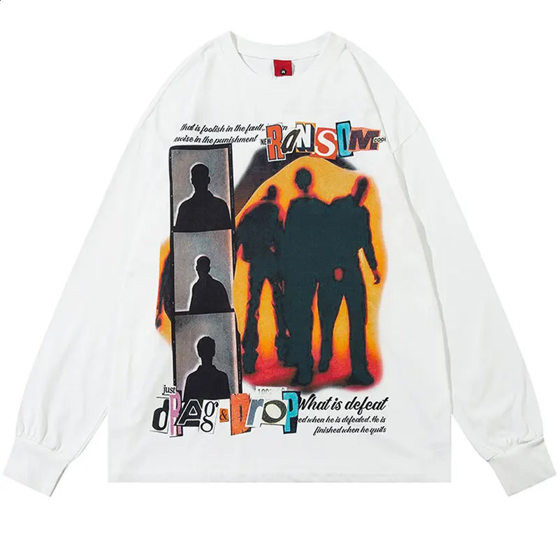 Mens ultrafine shirt retro shadow pattern long sleeved Tshirt Harajuku hiphop punk gothic casual cotton Y2K w240824