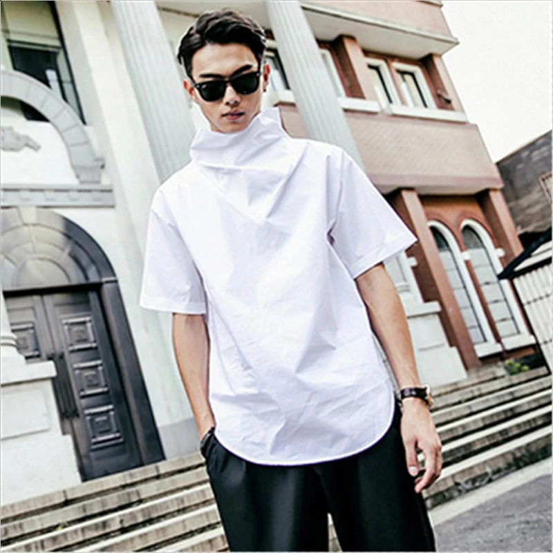 Summer High Neck Short Sleeve Men Sweatshirt Korean Fashion Casual Personality Harajuku T Shirt 3xl Oversized Hip Hop Streetwear 240810