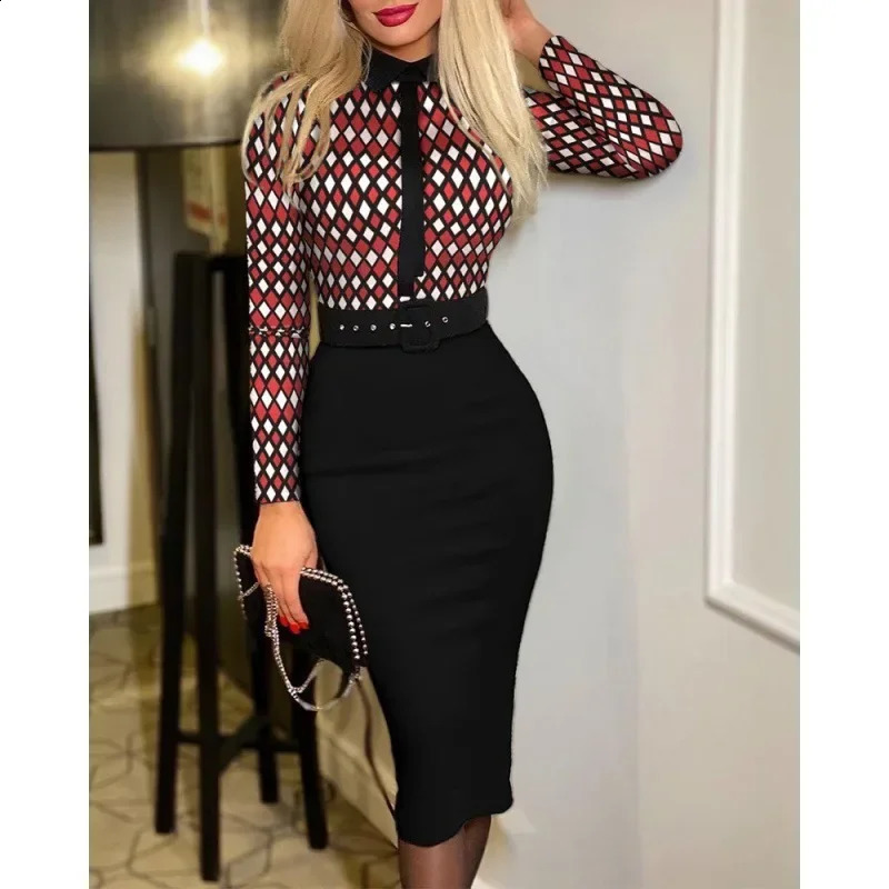 Autumn womens retro printed elegant suit collar ultra-thin fit full sleeve long skirt womens tight party vest240810