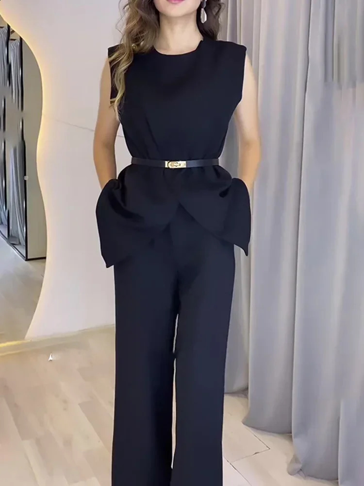 Fashionable womens solid round neck twopiece sleeveless high waist wide leg pants ultrathin elegant set 240810