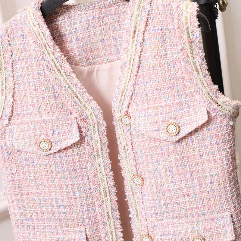 Spring Autumn Versatile V-Neck Pink Fragrant Vest French Tweed Waistcoat Coat 240810