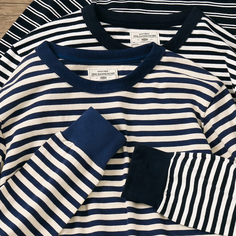 Amekaji Mens Classic Blue and White Horizontal Stripes American Retro Sports T-Shirt Long-Sleeved Spring And Autumn 240809