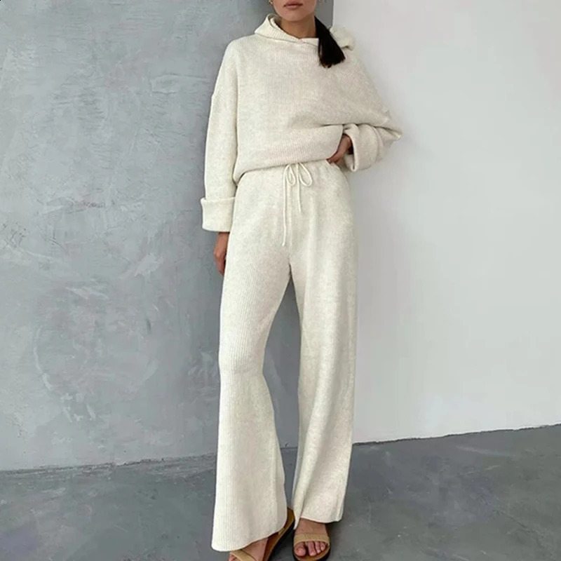 Knitted Sweat Suits Women Matching Tracksuit Sets Hoodies And Wide Leg Pants Loungewear Sweater Set Two Piece Outfits 240822