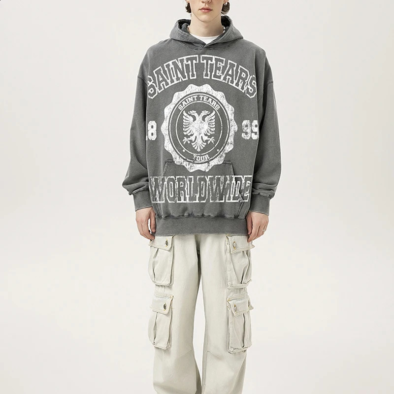 24FW High Quality 100% Cotton Graphics Print Saint Tears Hoodie Hooded Men Women Streetwear Vintage Washed Gray Blue Pullovers 240809