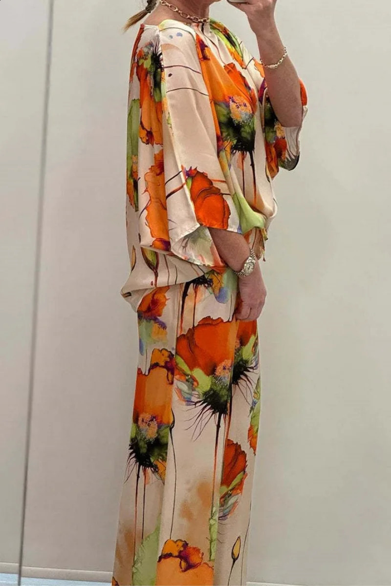 Summer Women Casual Satin Print Two Piece Set Fashion Round Neck Bat Sleeve Floral Pant Sets Elegant Female Vacation Outfit y240824