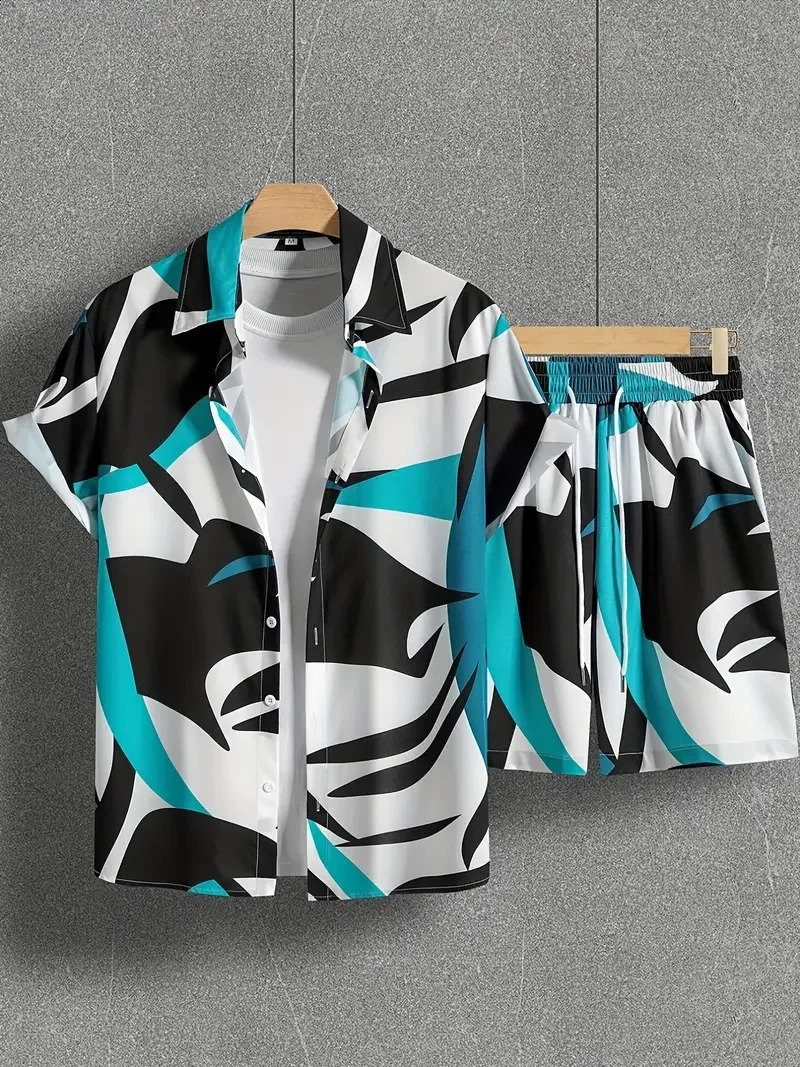 Mens Stylish Hawaiian Shirt Set Simple Allinone 3D Printed Buttondown And Beach Shorts Street Wear Oversize 240810