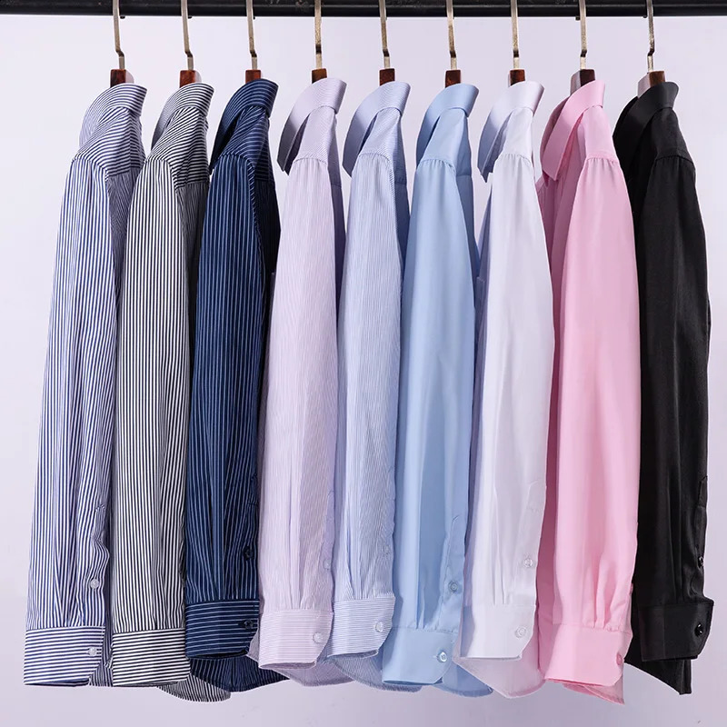 Mens formal shirt long sleeved office solid color striped wrinkle proof non ironed fashionable business pocket white shirt S-4XL240810