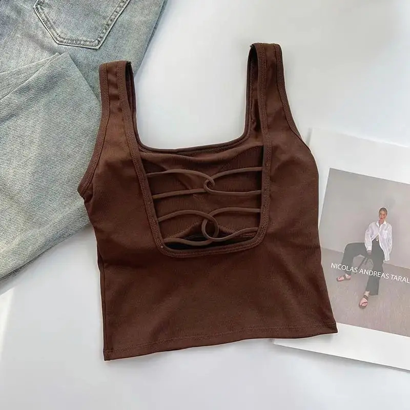 Casual Sleeveless Crop Top with Pad Summer Women Backless Bra Corset Top Fashion Square Neck Solid Color Elegant Fashion Tank 240810