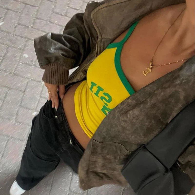 Brazil Letter Vintage Sleeveless Crop Top Summer Tank Top Y2k Aesthetic Punk Grunge Gothic Sexy Camisole 2000s Emo 240810