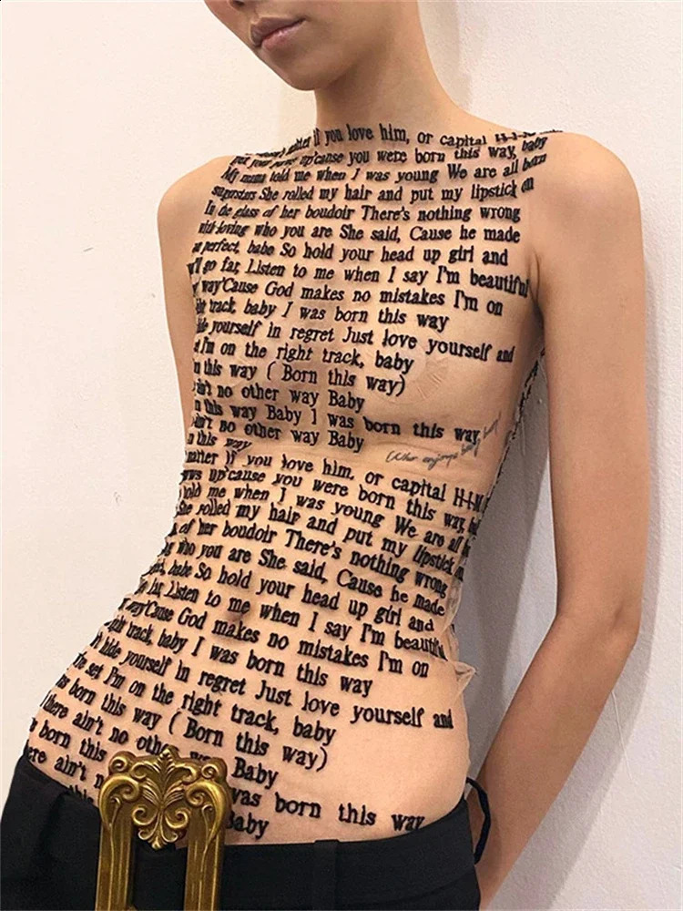 Tossy Sleeveless Printed Slim Top High Waist Patchwork Vintage Figures Print T-shirt For Women Sexy See-Through y2k top 240810