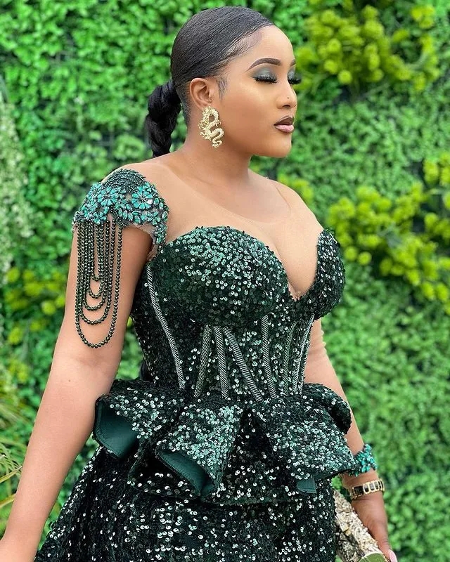 Green Aso Ebi One-shoulder Sequins Beaded Jumpsuit Prom Dresses Formal Party Second Reception Birthday Engagement Evening Gowns Dresses Robe De Soiree