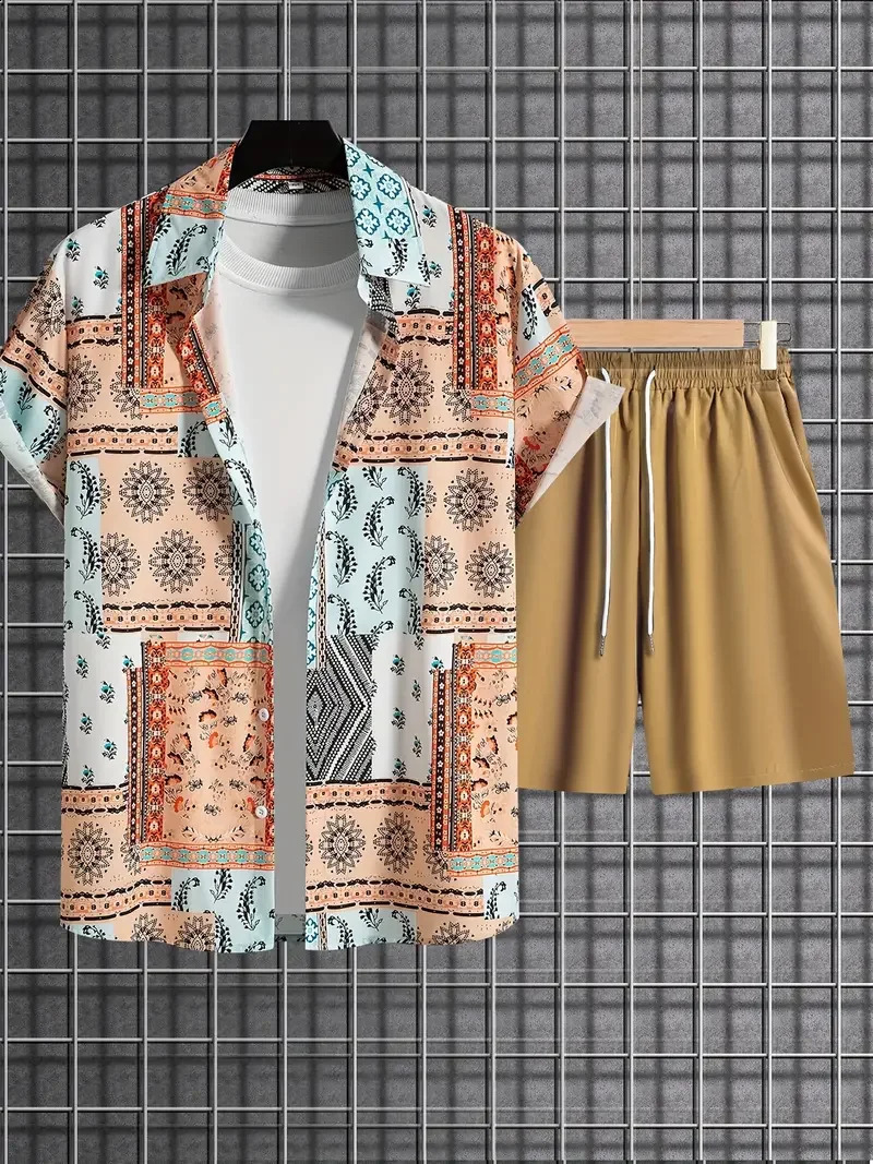 Shirt Set Mens Summer Patchwork Color Block Paisley Pattern 3D Printed And Shorts Retro Ethnic Style Hawaiian 240810