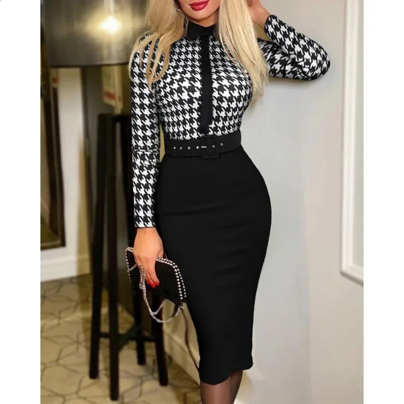 Autumn womens retro printed elegant suit collar ultra-thin fit full sleeve long skirt womens tight party vest240810