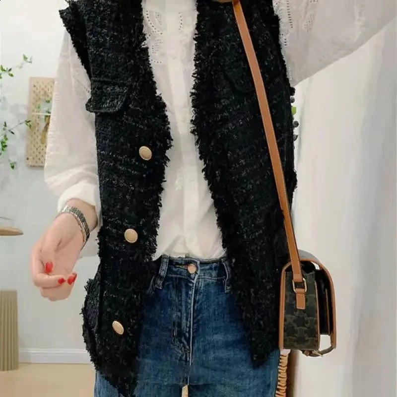 Spring Autumn Coarse Tweed Fashion Womens Sleeveless Vest Coat Versatile Comfortable Loose Female Tank Top Jacket 240810