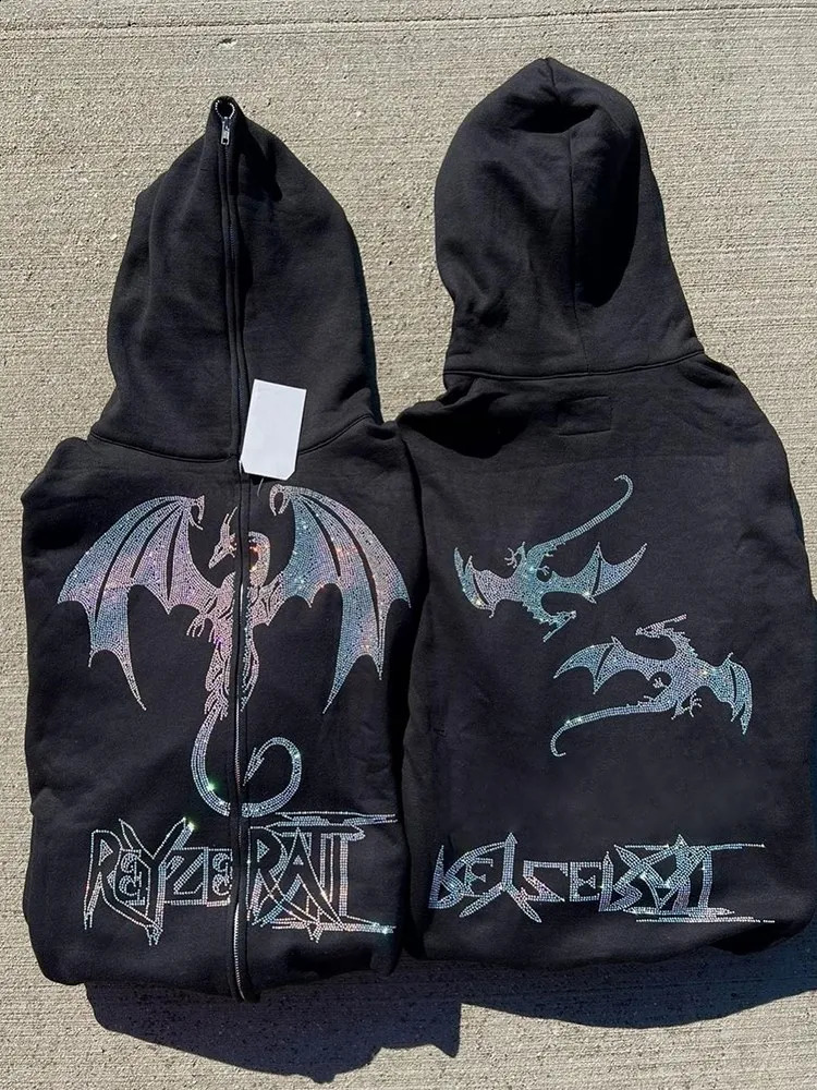 Mens Y2K Style Clothes Fashion Retro Street Zip Hoodie Fire Dragon Rhinestone Pattern Unisex Sports Fancy Shoulder Sleeve Top 240810