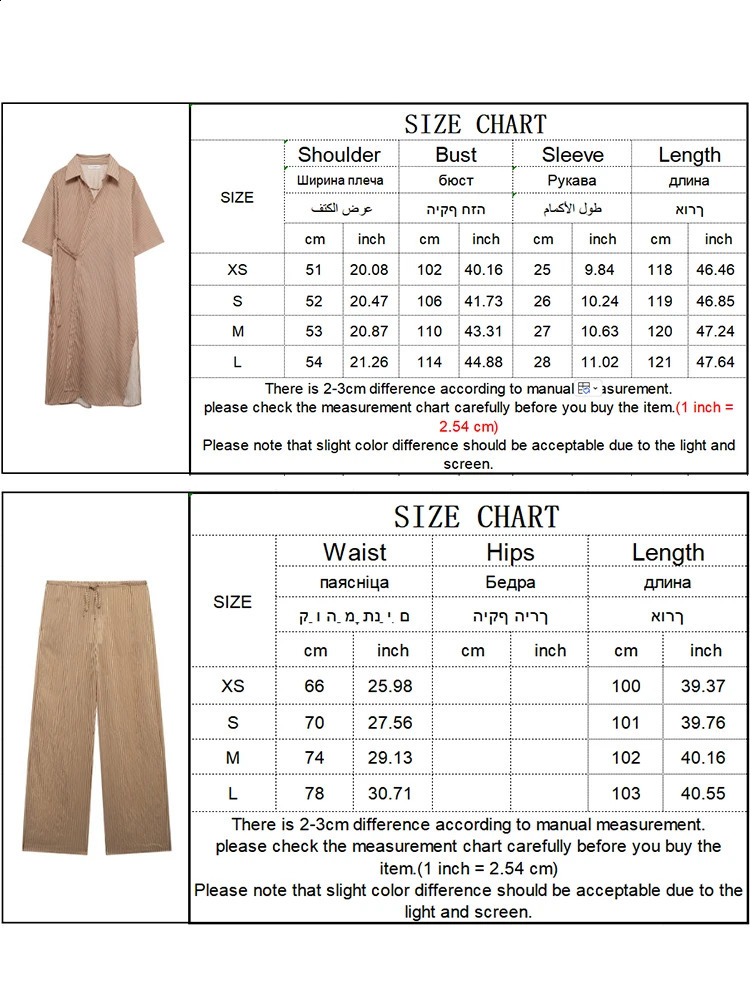 TRAF 2024 Women Striped Kimono Laced Up Blouse Pant Sets Fashion Lapel Short Sleeve Long Shirt Wide Leg Causal Suits 240810