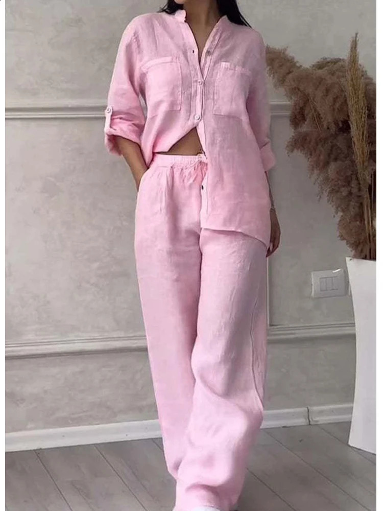 Women Casual Two Piece Sets Solid Longsleeve Female Shirt Wideleg Trousers Loose Drawstring Pants Pockets Ladies Clothing y240815