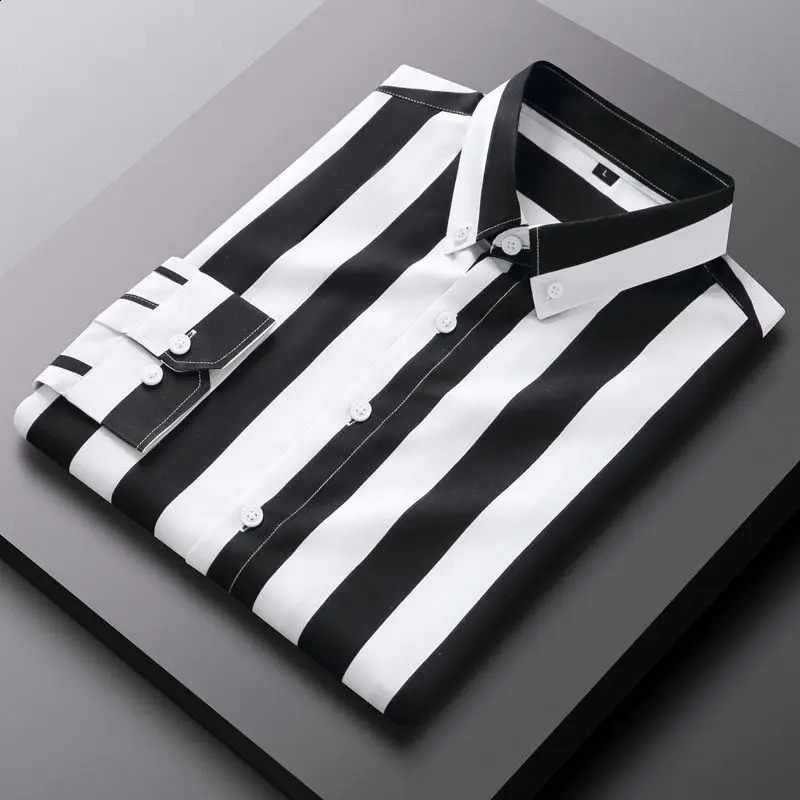 Summer Youth Professional Business Slim Fit Wide Stripe Office Long Sleeve Round Neck Splicing Button Mens Shirt240810
