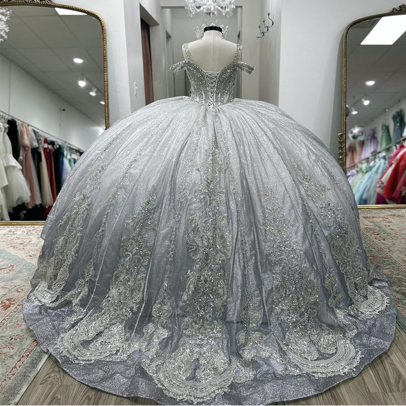Silvery Shiny Off-Shoulder Quinceanera Dresses Ball Gown Classic Applique Lace Beads Crystal Tull Sweet 16 Dress Vestidos De 15 Anos